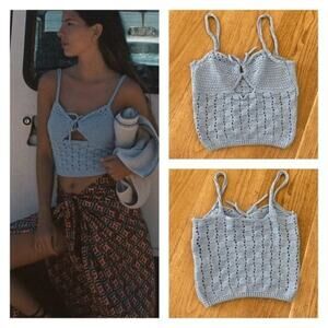 Zara Pointelle Knit Top in Light Blue